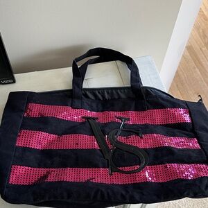 Victoria's Secret Black Tote with Hot Pink Sequin Stripes